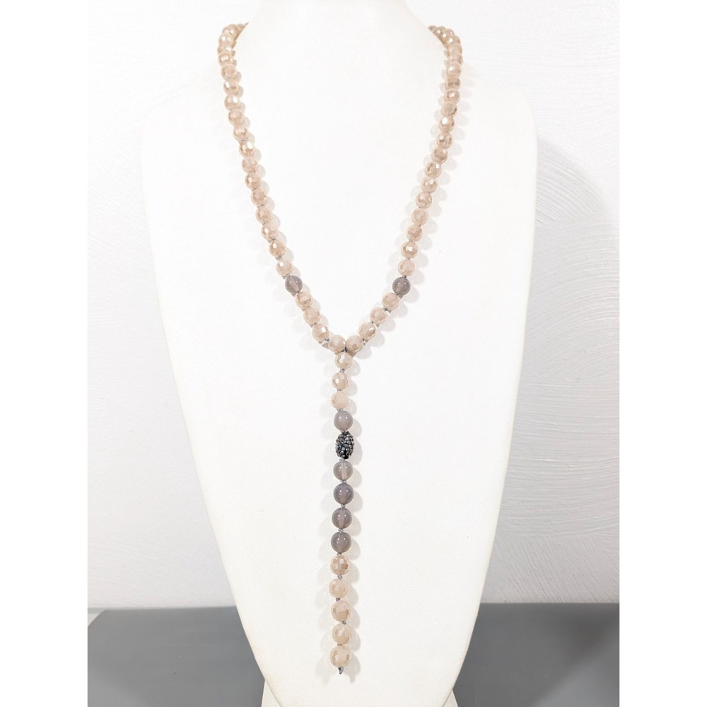 Beige & Gray Faceted Glass Bead‎ Necklace With Rhinestone Accent Y-Drop 28 in